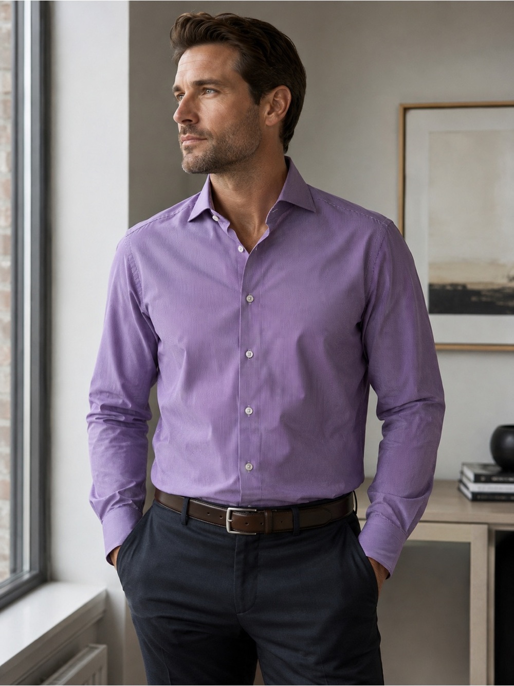 Eton Slim Fit 15.5 39 Purple Micro Stripe Cotton Dress Shirt Luxury Corporate
